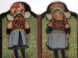 Afbeelding uit de Edelmancollectie. Een meisje in klederdracht en op klompen tweemaal in beeld: voor en achter.
