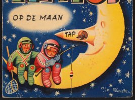 Omslag Tip en Top op de maan, met twee figuurtjes die aan het vissen zijn vanaf een halve maan.