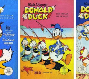 De covers van Donald Duck, nummer 1, 2 en 3 uit 1952 naast elkaar.