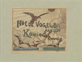 Titelpagina van Hoe de vogels aan een koning kwamen met de titel en volgels die hoog in de lucht vliegen.