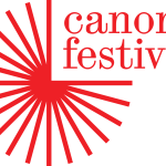 Logo Canonfestival, driekwart rode cirkel bestaande uit lijnen die boeken moeten voorstellen.