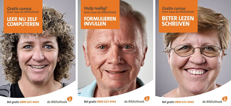 drie voorbeelden van posters voor de bibliotheek