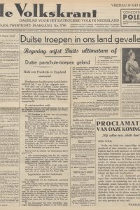 De voorpagina van De Volkskrant op 10 mei 1940 met als kop "Duitse troepen in ons land gevallen"