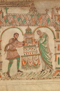 Illustratie uit het Evangeliarium. Twee getekende personen, Dirk en Hildegard, leggen het Evangeliarium op het altaar.