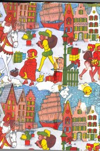 Sinterklaaspapier met Sinterklaas, grachtenpanden en kinderen met cadeautjes