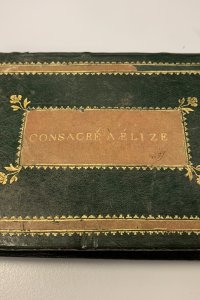 Een groen leren boek met de inscriptie 'Consacré à Élize'