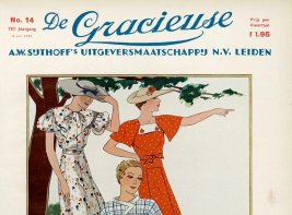 Het voorblad van het modetijdschrift De Gracieuse (1935) met een tekening van drie vrouwen in fleurige jurken.