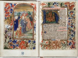 Getijdenboek van de Zwarte-Ogen-meesters opengeklapt bij een miniatuur van de arrestatie van Christus