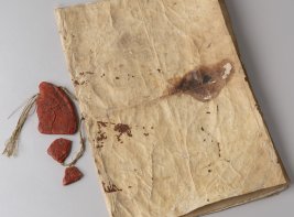 Voorplat van de beloningsbrief voor de familie van Balthasar Gerards, met zegel