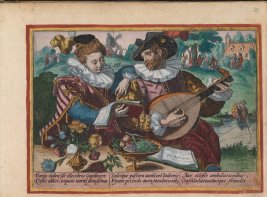Gravure uit het album amicorum van Crispijn van de Passe. Afbeelding van een man en vrouw die samen muziek maken.