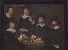 Schilderij De regenten van het Walenweeshuis. 5 heren zitten en staan rond een tafel.