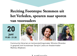Aankondiging van het evenement Reciting Footsteps met informatie en portretten van de sprekers
