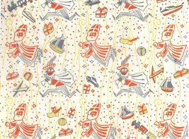 Sinterklaaspapier met Sinterklaas, Zwarte Piet en verschillende cadeautjes