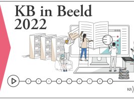 Eerste pagina infographic KB in Beeld 2022, tekening van mensen die aan het onderzoeken zijn.