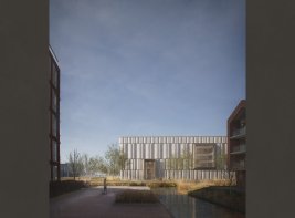 Vooraanzicht van hoe het nieuwe boekenmagazijn er vermoedelijk uit komt te zien. Het gebouw staat in een omgeving met lage flats, groen en een bewoner die toekijkt.