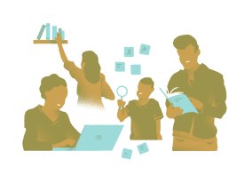 Tekening van mensen die op verschillende manieren onderzoek doen: iemand grijpt naar een boek, iemand lees in een boek, iemand leest op een laptop en de laatste kijkt door een vergrootglas.