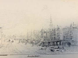Tekening van Amsterdam uit het reisalbum.
