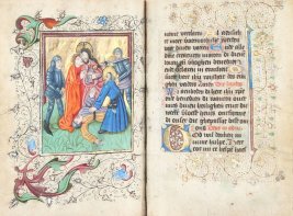 Miniatuur en tekst uit het Sarijs-handschrift. Jezus wordt gevangengenomen.