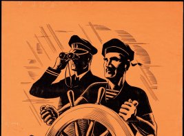 Oranje affiche met twee mannen in uniform en de tekst 'Het gaat slechts om onverschrokken volhouden!' Een vermoedelijke kapitein kijkt door een verrekijker in de verte. Een ander persoon staat aan het roer.