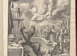 Frontispice met een schrijvende Erasmus, in: Opera Omnia, deel 1. Leiden: Pieter van de Aa, 1703. Collectie KB, KW 187 A 2