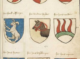 Pagina uit het Wapenboek Beyeren met tekeningen van 9 wapens. De wapens hebben blauwe, rode, groene en bruine kleuraccenten.