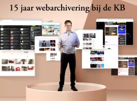 Foto van conservator Kees Teszelszky tussen plaatjes van websites, die wij bewaren in het webarchief.