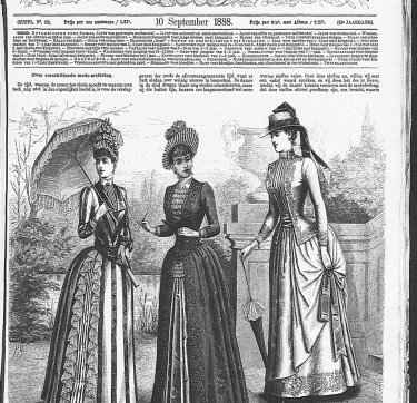Het voorblad van het modetijdschrift De Gracieuse (1888) met een zwart-witafbeelding van drie vrouwen in chique jurken. 