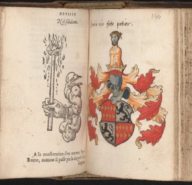 Bijdrage met wapenschild van Janus Dousa (1564), voor het album amicorum van Seino Mulert.