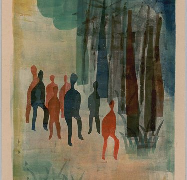 Prent van Werkman. Op de prent figuren die een bos in wandelen.