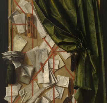 Trompe-l’oeil: brievenbord met zandloper, scheermes en schaar, ca. 1664 olieverf, doek 101.9 x 83.4 cm Inv. 1911-HJ