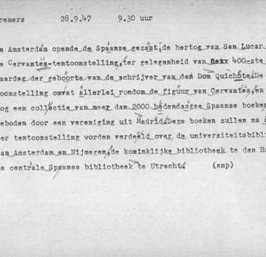 Getypt ANP-Radionieuwsbulletin voorzien van met de hand geschreven aanwijzingen over de uitspraak.