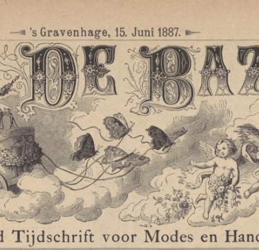 Omslag De Bazar. Tekening van vrouw op strijdwagen, omringd door engeltjes.