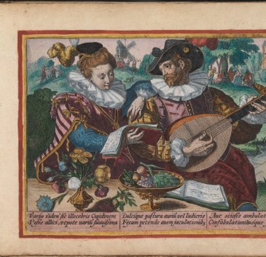 Gravure uit het album amicorum van Crispijn van de Passe. Afbeelding van een man en vrouw die samen muziek maken.