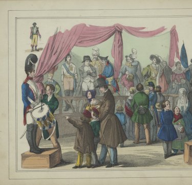 Tekening van de wassen beelden uit Wat is er te zien op de kermis