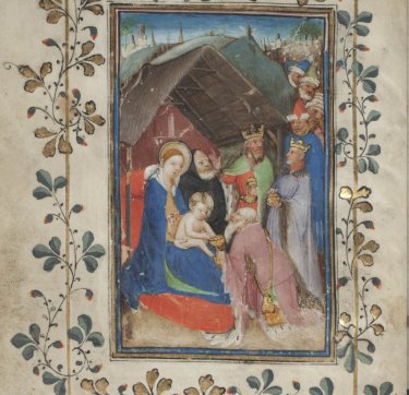 Afbeelding van de stal waar Jezus geboren is, met Maria, Jezus, Jozef en de drie wijzen.