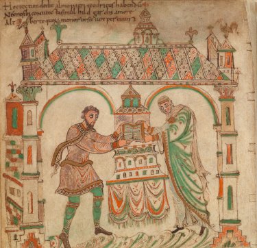 Illustratie uit het Evangeliarium. Twee getekende personen, Dirk en Hildegard, leggen het Evangeliarium op het altaar.