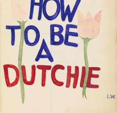 Titelwoorden, met witte tulpen ernaast en erdoorheen.