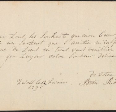 Gescande pagina uit het alba amicorum van Elisabeth Constantia Sophia Röell. Op de vergeelde pagina staat een handgeschreven tekst.