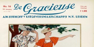 Het voorblad van het modetijdschrift De Gracieuse (1935) met een tekening van drie vrouwen in fleurige jurken. 