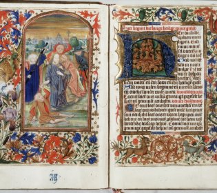 Getijdenboek van de Zwarte-Ogen-meesters opengeklapt bij een miniatuur van de arrestatie van Christus