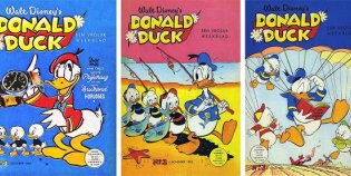 De covers van Donald Duck, nummer 1, 2 en 3 uit 1952 naast elkaar.