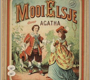 Afbeelding van een prent die beschikbaar is via Wikimedia, van een man en vrouw in historische kleding. Erboven staat de titel 'Mooi Elsje, door Agatha'.