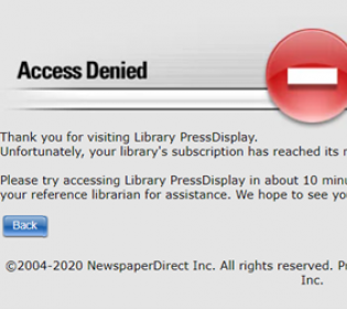 Een screenshot van een waarschuwing van PressDisplay met de tekst Access denied