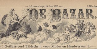 Omslag De Bazar. Tekening van vrouw op strijdwagen, omringd door engeltjes.