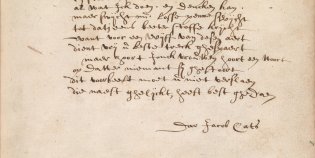 Pagina uit het album amicorum van Crispijn van de Passe met een handgeschreven gedicht ondertekend door Jacob Cats