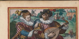 Gravure uit het album amicorum van Crispijn van de Passe. Afbeelding van een man en vrouw die samen muziek maken.