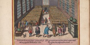 Gravure van een bibliotheek uit het album amicorum van Crispijn van de Passe.