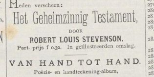 Een krantenadvertentie voor 'Het geheimzinnig testament' door Robert Louis Stevenson