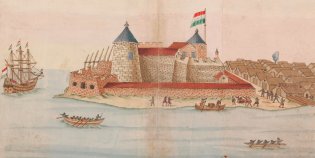 Fort Elmina, het Nederlandse hoofdkwartier in West-Afrika, aquarel begin 18de eeuw (Nationaal Archief, 4AANW_1568)