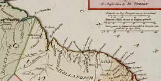 Kaart van de ‘Wilde Kust’ met de Nederlandse koloniën Essequebo, Demerary en Berbice in het huidige Guyana (Tegenwoordige Staat van America II, 1767).